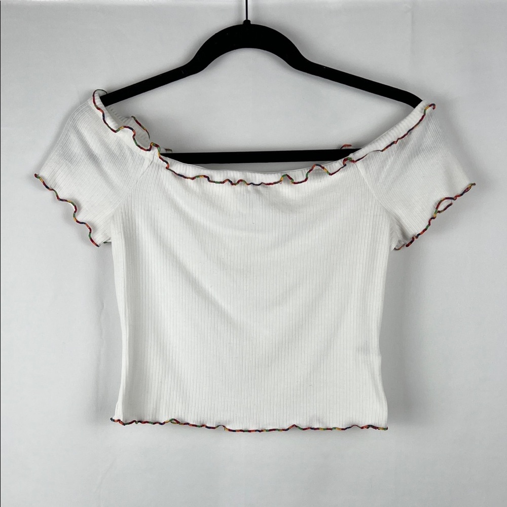 love, Fire White Rainbow Ruffled Off Shoulder Crop Top
